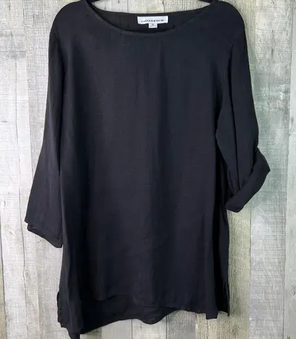Caroline Rose Linen 1X Black Crewneck 3/4 Tabbed Sleeves Tunic Top Oversized