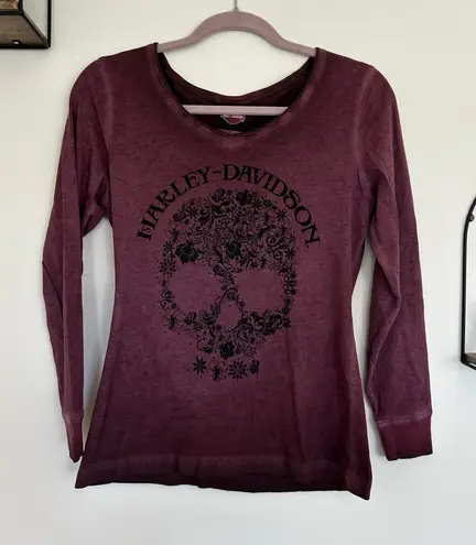 Harley Davidson Purple Rhinestone Floral Skull Long Sleeve Crewneck Shirt Small