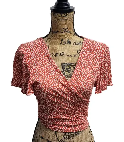 By Together Top Womens Size Small Red White Wrap Blouse Leaf Print Ruching Boho