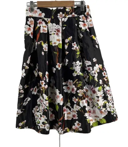 CHOiES Choie Black Floral Print Satin A-Line Skirt Elastic Waist Lined Estimated Small
