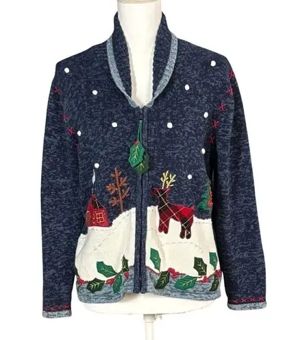 Chadwick's Ugly Christmas Sweater Zip Cardigan Size Medium Blue Reindeer Snow Fun Novelty