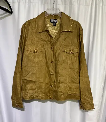 BEREK Womens Gold Linen Blend Studded Button Up Jacket Blazer Embellished Size L