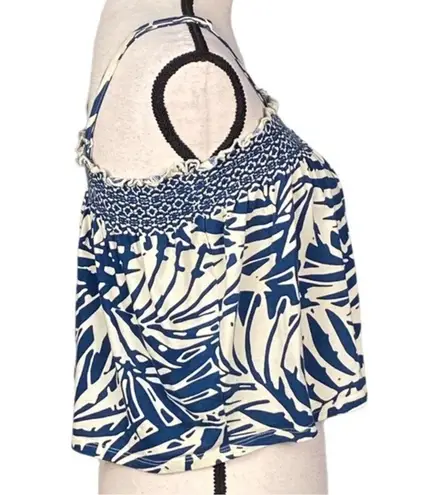 Patrons of Peace blue and ecru tropical style smocked crop top. Size Medium. EUC