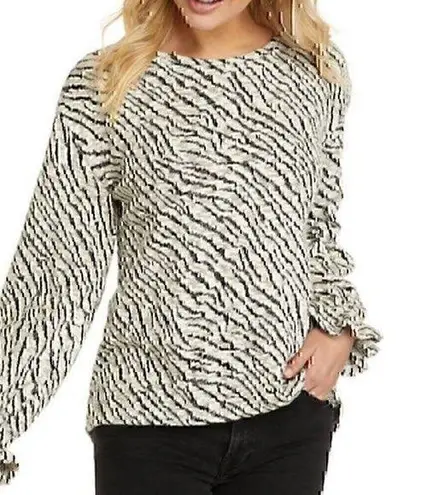 Sharagano Zebra Print Hacci Blouse Cream Off White Black Animal Long Sleeve Top