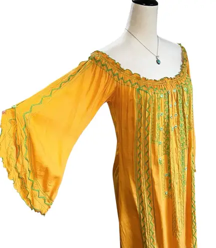 Poupette St Barth Boho Embroidered Off Shoulder Mini Dress Mustard Yellow Size L Gold Size L