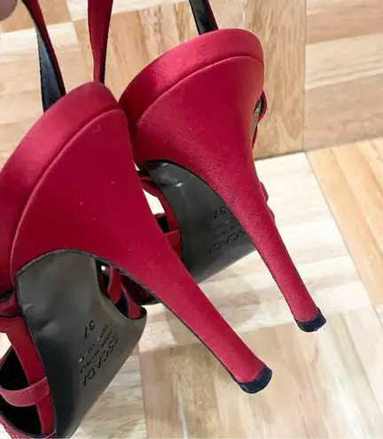 Vintage ESCADA Red Satin Embellished Pointy Toe Sling Back High Heels Pump 37 Size 6