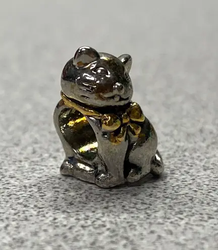 Cute Silver Tone Lucky Cat Charm Animal Bead Gold Bow Accent Jewelry Making Gray
