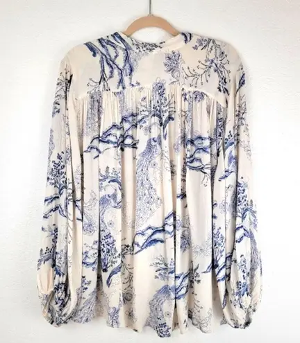 Free People Ivory & Blue Balloon Sleeve Top