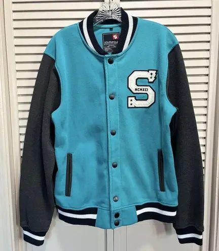 Southpole Varsity Jacket Teal/Gray Snap Up Pockets Size Large Embroidered Logo Blue