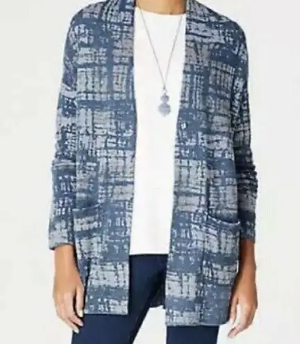 J. Jill Purejill Indigo Blue and Gray Patterned Long Cardigan Sweater Size SP - Image 1