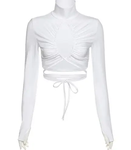 Mistress Rocks  Sexy Ruched Cropped Siren White Long Sleeve Top Size Small