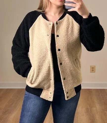 Movint Colorblock Raglan Sleeve Fleece Bomber Jacket L Black Tan Teddy Size L