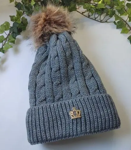 Grey Cable Knit Pom Pom Beanie Knit Hat Gray