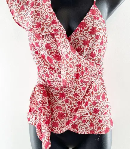 MISA Los Angeles MISA Floral Print Plunging Neck Asymmetrical Ruffle Wrap Tie Tank Blouse Red XS