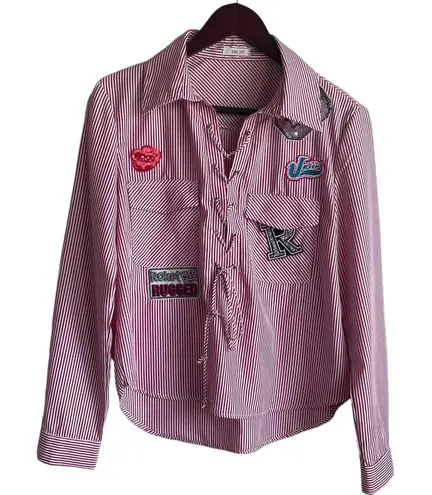 San Joy Women Top L Red Pin Striped Lace Up Popover Unique Applique Y2K Retro Size L