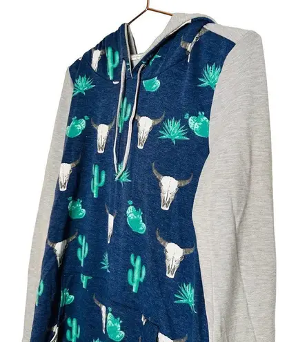 12PM by Mon Ami Cowboy Cactus Cow Skull Gray Blue Long Sleeve Pullover Hoodie size Medium