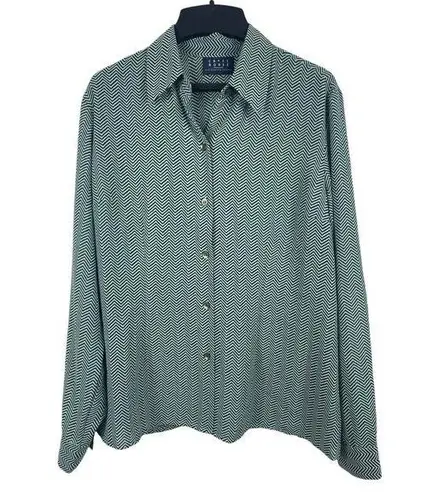 CRAZY HORSE Green Black Herringbone Semi Sheer Bow Tie Long Sleeve Top 10