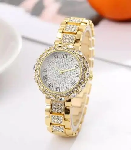 Gold Tone Bling Stones Ladies Watch Roman Numbers Iced Out Watch