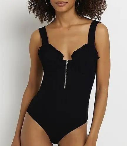 River Island Black Frill Ruffle Zip Front Sleeveless Bodysuit Size 6 New