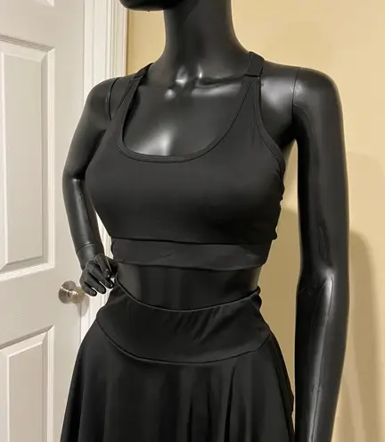 Two pieces Gym Set High Waist Mini Skort Built In Shorts Sport Bea Bustier Top Black