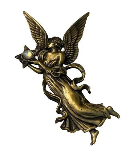 Vintage JJ Angel Brooch Pin Rhinestone Star Accents Winged Celestial 3" Tall