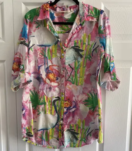Soft Surroundings Women's Medium Colorful Button Up Casual Art to Wear Tropical - Image 1