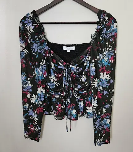 Peter Som Tie Detail Crop Top Floral Long Sleeve Casual Ruched Neutral Black