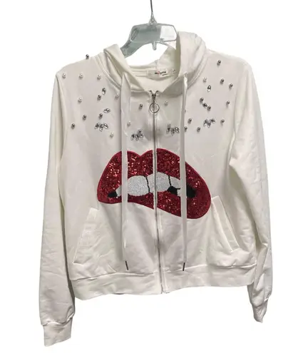 Rhinestone Pearl Full Zip Hoodie Red Glitter Lips Y2K Bling Streetwear Large White