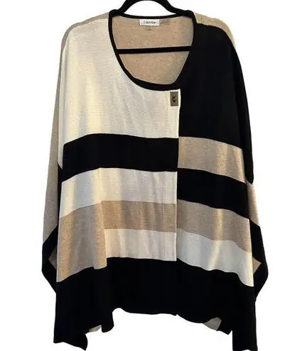 Calvin Klein  Sweater Poncho Cape One Size Black Tan Ivory Colorblock Shawl