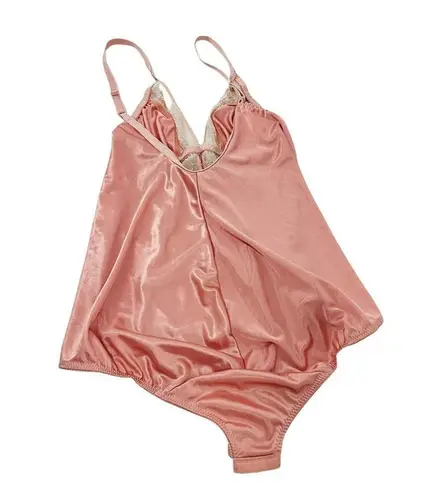 Vintage Sear Shiny Pink Satin Teddy Bodysuit Peek a Boo V Neck Womens Size 32