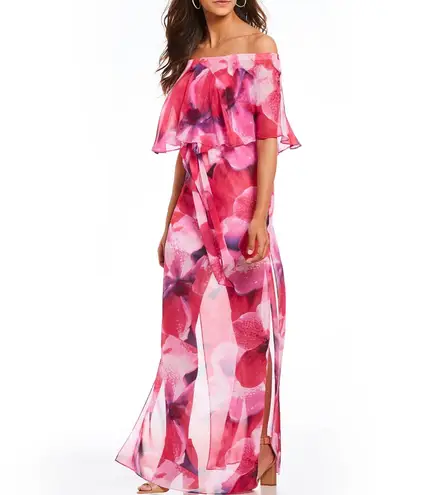 Halston Heritage off the shoulder sheer lined maxi tulip floral print dress