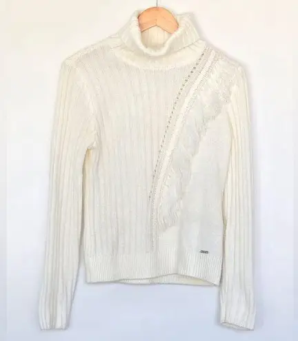 DKNY  Ivory Fringe Knit Ribbed Turtleneck Sweater Top, Size Medium.