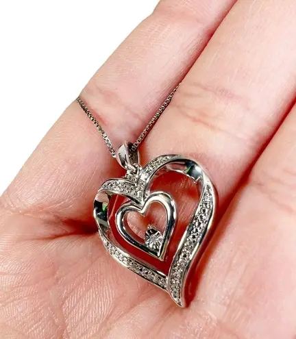 Diamond Double Heart Sterling Silver Box Chain Pendant Necklace