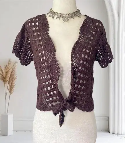 Carolyn Taylor Boho Cropped Crochet Dark Brown Short Front Tie Cardigan M Size M