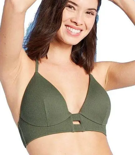 Shade & Shore  Ribbed Long Line Triangle Bikini Top Olive Palm Green Size 36B