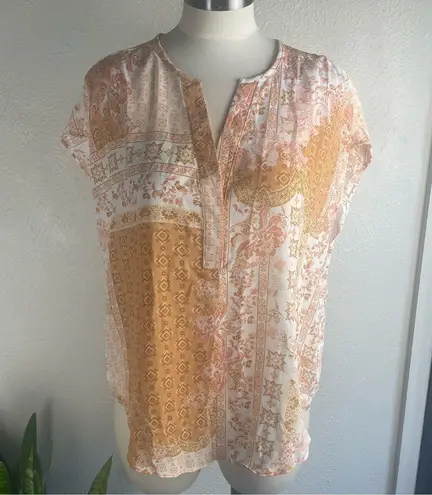 Cupcakes and Cashmere Blouse Women’s Small Boho Patchwork Print Top Short Sleeve Orange