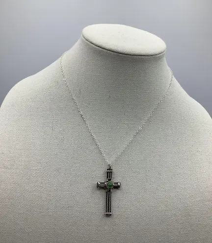 Handmade Black Cross Green Stone Chain 18” Adjustable To 20” Silver Tone