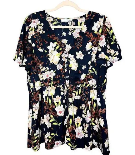 Fourteenth Place Hawaiian Floral Print Button Elastic Waist Bell Sleeve Top Blue