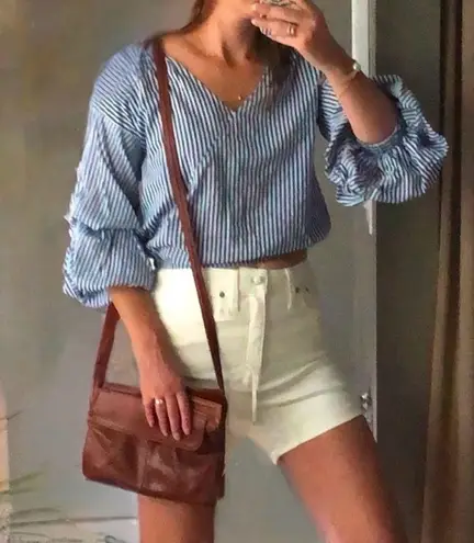 Live 4 Truth Blue and White Striped Ruffle Sleeve Cropped Bandolier Top Size XS