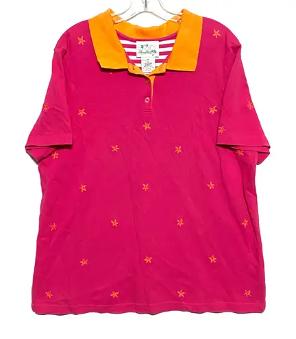 Quacker Factory Starfish Polo Shirt Women Plus 1X Vacation Beachy Cruise Island