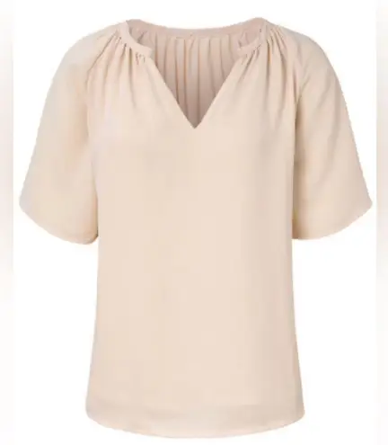 NEW Cream Colored Split V Neck Pleated Loose Fit Flutter Sleeve Tunic Blouse Size L