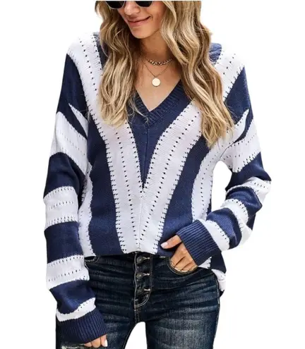 BLUE WHITE STRIPED COLOR BLOCK V NECK KNITTED SWEATER LARGE