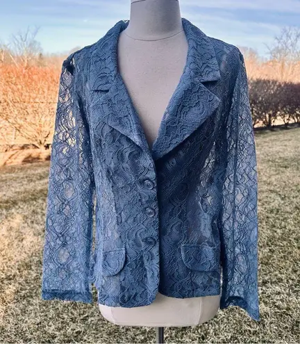 Frederick's of Hollywood Cropped Faux Lace Blazer in Baby Blue