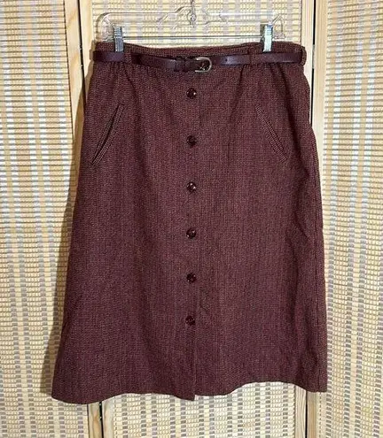Classique Works Vintage Purple Red Tweed Wool Belted Midi Button Up Skirt Size undefined