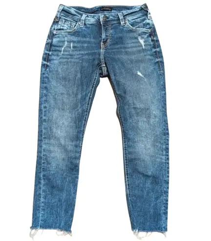 Silver Jeans Girlfriend Size 27 x 29 Skinny Ripped Acid Wash Raw Hem Denim