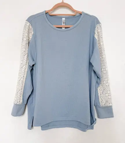 Flora Nikrooz Womens Pajama Set Size L Blue Lounge Lace Long Sleeve Soft Knit