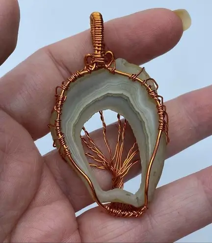 White Agate Druzy Tree Of Life Copper Wired Pendant