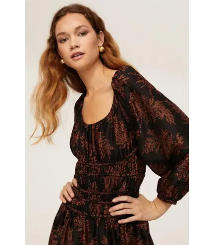 Rebecca Taylor Arden Black Floral Blouson Sleeve Scoop Ruched Silk Midi Dress XS