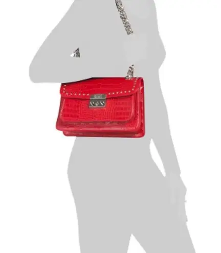 Badgley Mischka  Red Crocodile-Embossed Vegan Leather Studded Crossbody Handbag