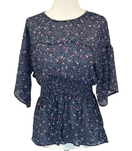 Soho By Stephanie Horne Size Small Blous Womens Navy Floral Print Smocked Waist Pink